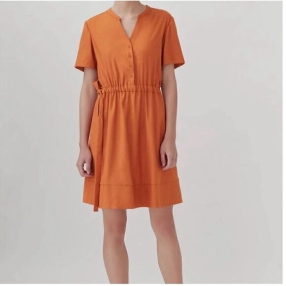 Cuyana Burnt Orange Linen Blend Short Sleeve V-Neck Shirt Dress - Picture 8 of 8